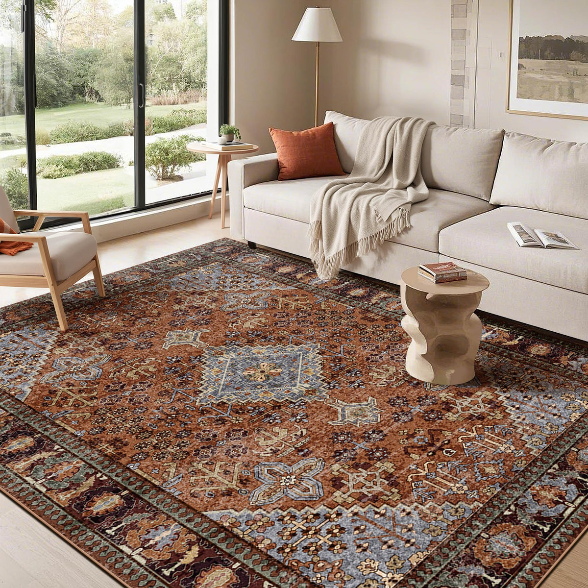 Kokia 9x12 Washable Area Rugs Maroon with Vintage Orient Design, Soft Rug for Living Room or Bedroom, Non-Slip Low Pile Stain Resistance Features, Distressed Medallion Pattern