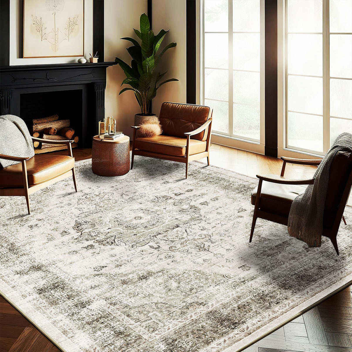CHAMPLANT Area Rug 4x6 Washable Rug Gray Vintage Traditional Floor Cover Foldable Thin Retro Accent Indoor Distressed Non Slip Carpet Floral Print Mat Bedroom Living Room Bathroom