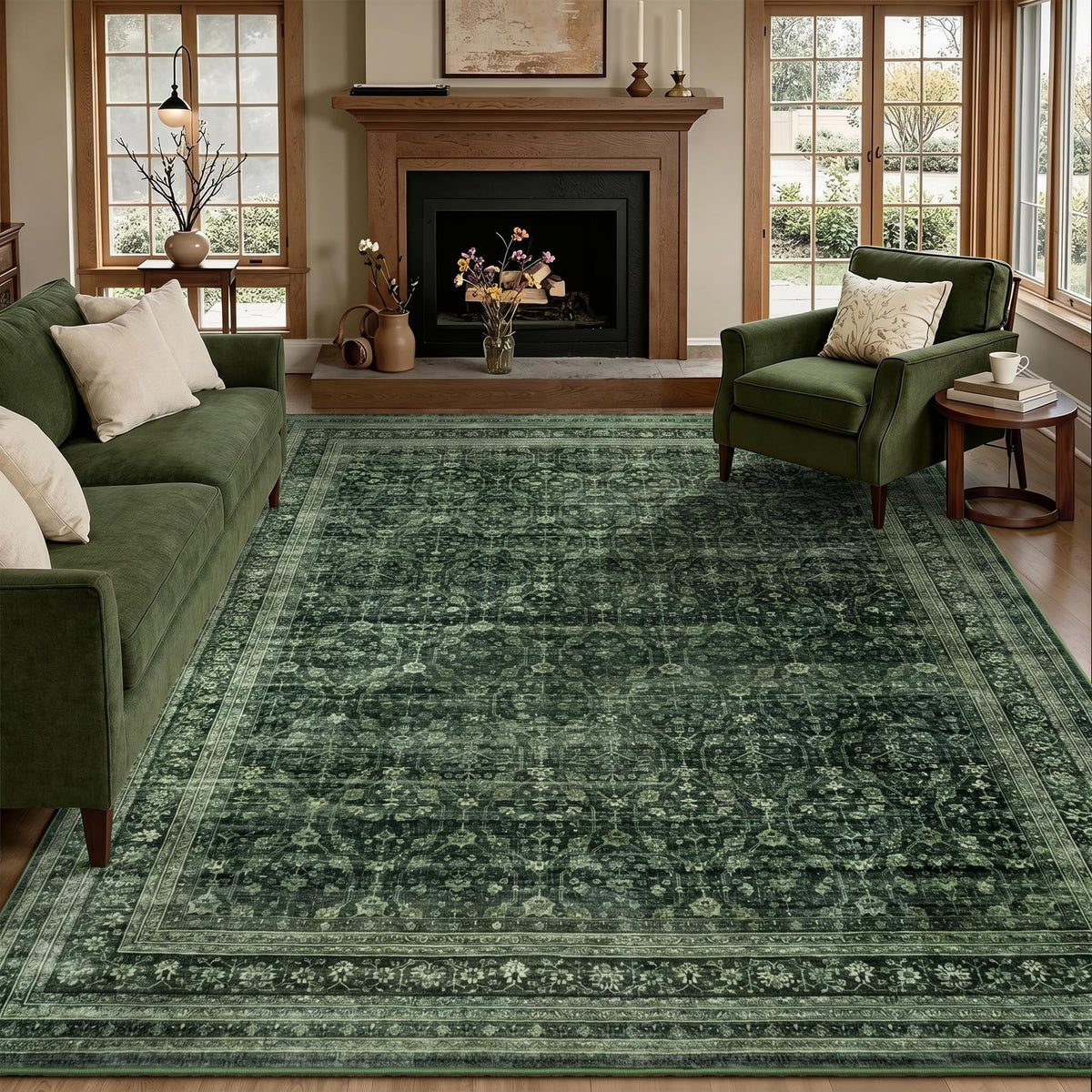 Sage Green 8x10 Area Rug for Living Room, Vintage Boho Large Carpet
