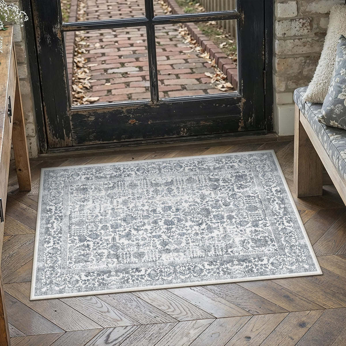 PureCozy Beige Area Rug 5x7 Vintage Farmhouse Floral