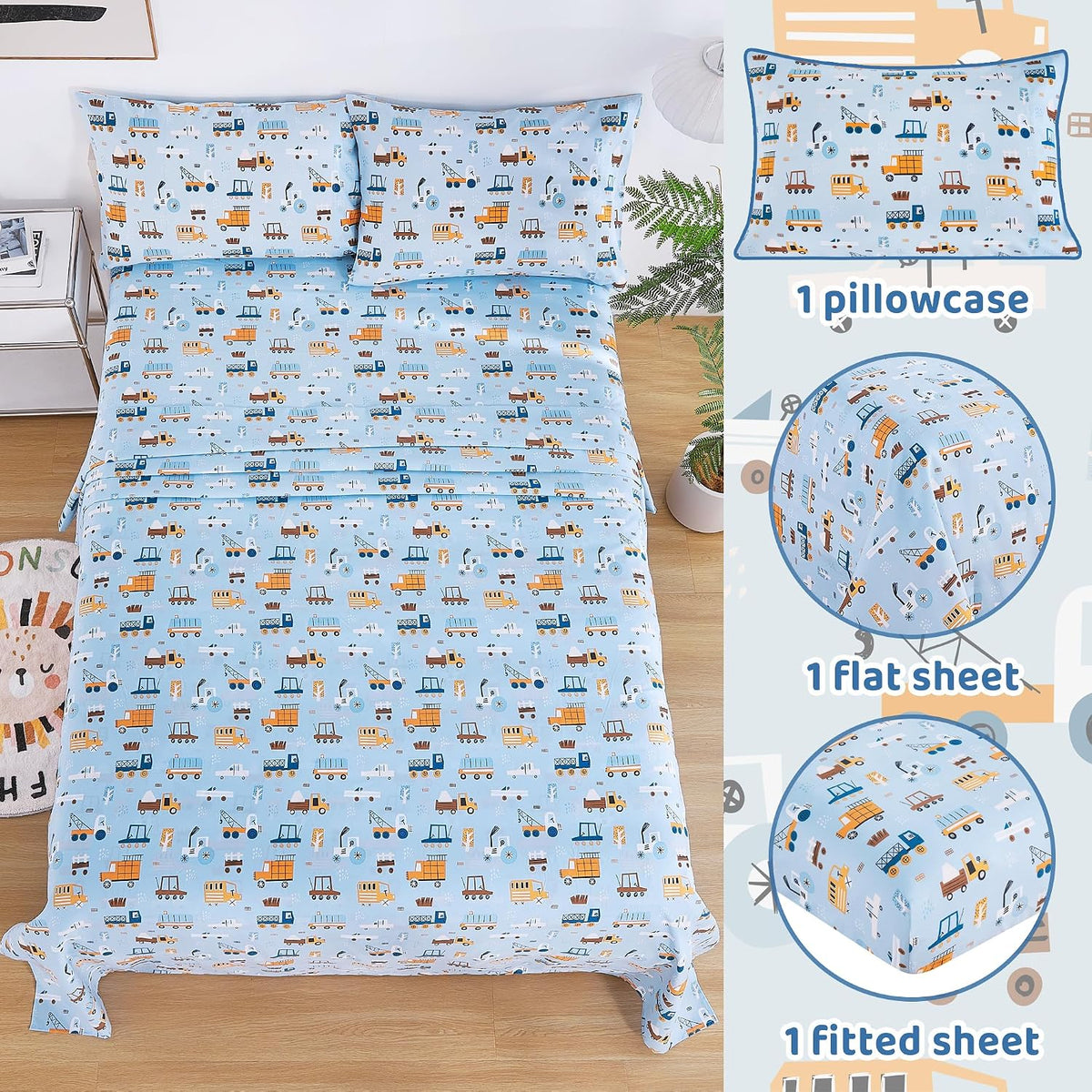 Viviland 3 Pieces Boys Blue Truck Twin Sheet Set - Soft Microfiber Fitted Flat Sheets & Pillowcase - Construction Truck Bedding Sets - for Kids & Toddlers