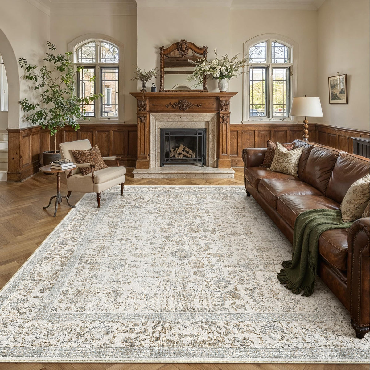 PureCozy Beige Area Rug 5x7 Vintage Farmhouse Floral