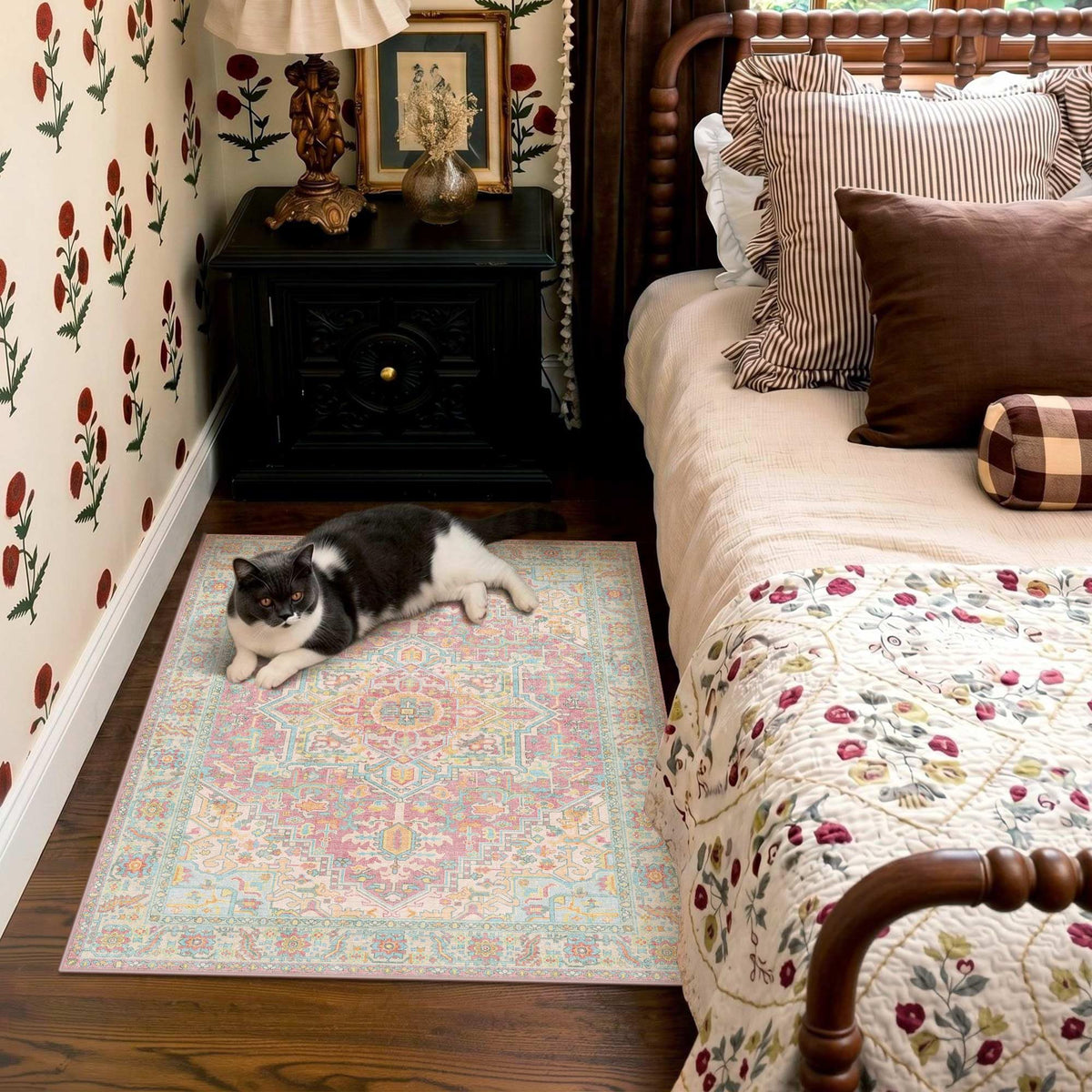Kokia 9x12 Washable Area Rugs Maroon with Vintage Orient Design, Soft Rug for Living Room or Bedroom, Non-Slip Low Pile Stain Resistance Features, Distressed Medallion Pattern