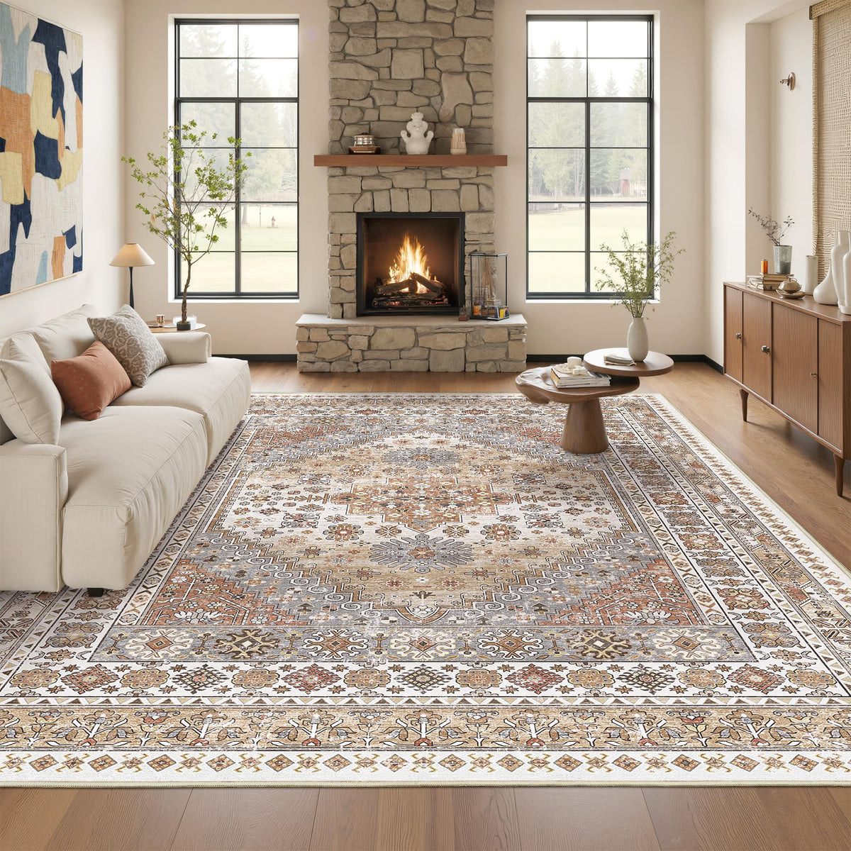 4x6 Area Rugs for Living Room, Non Slip Rugs for Bedroom, Beige