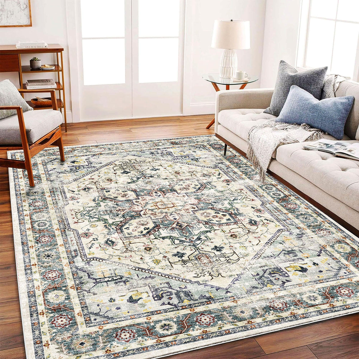 CHAMPLANT Area Rug 4x6 Washable Rug Gray Vintage Traditional Floor Cover Foldable Thin Retro Accent Indoor Distressed Non Slip Carpet Floral Print Mat Bedroom Living Room Bathroom