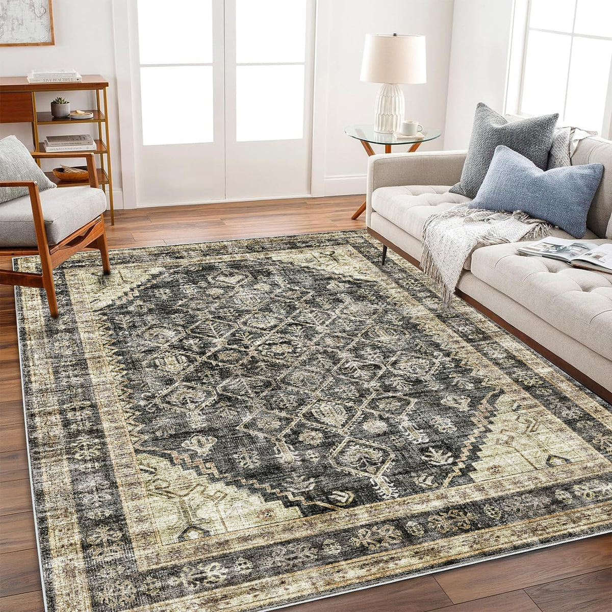 CHAMPLANT Area Rug 4x6 Washable Rug Gray Vintage Traditional Floor Cover Foldable Thin Retro Accent Indoor Distressed Non Slip Carpet Floral Print Mat Bedroom Living Room Bathroom