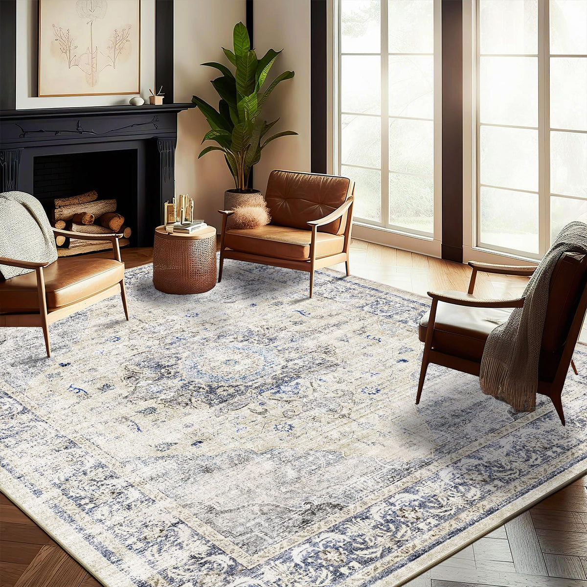 CHAMPLANT Area Rug 4x6 Washable Rug Gray Vintage Traditional Floor Cover Foldable Thin Retro Accent Indoor Distressed Non Slip Carpet Floral Print Mat Bedroom Living Room Bathroom