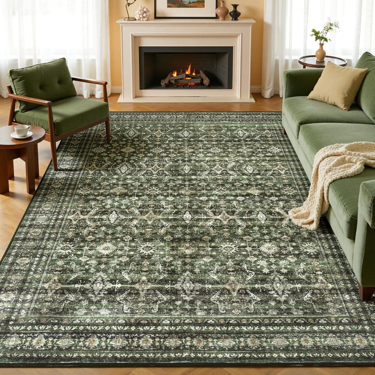 Sage Green 8x10 Area Rug for Living Room, Vintage Boho Large Carpet