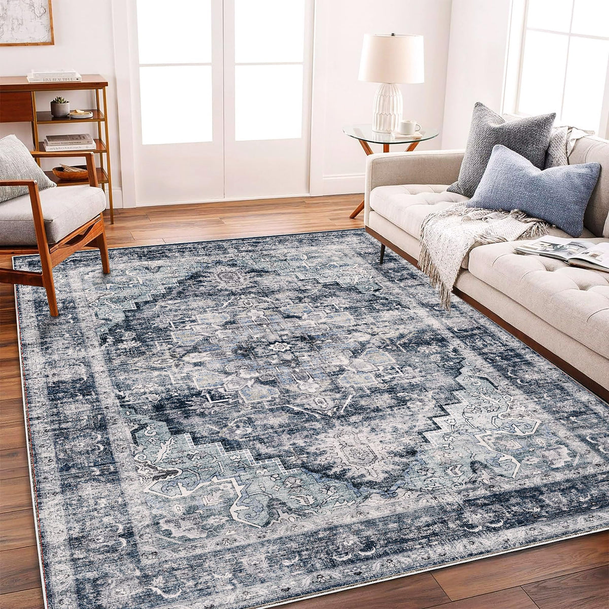 CHAMPLANT Area Rug 4x6 Washable Rug Gray Vintage Traditional Floor Cover Foldable Thin Retro Accent Indoor Distressed Non Slip Carpet Floral Print Mat Bedroom Living Room Bathroom