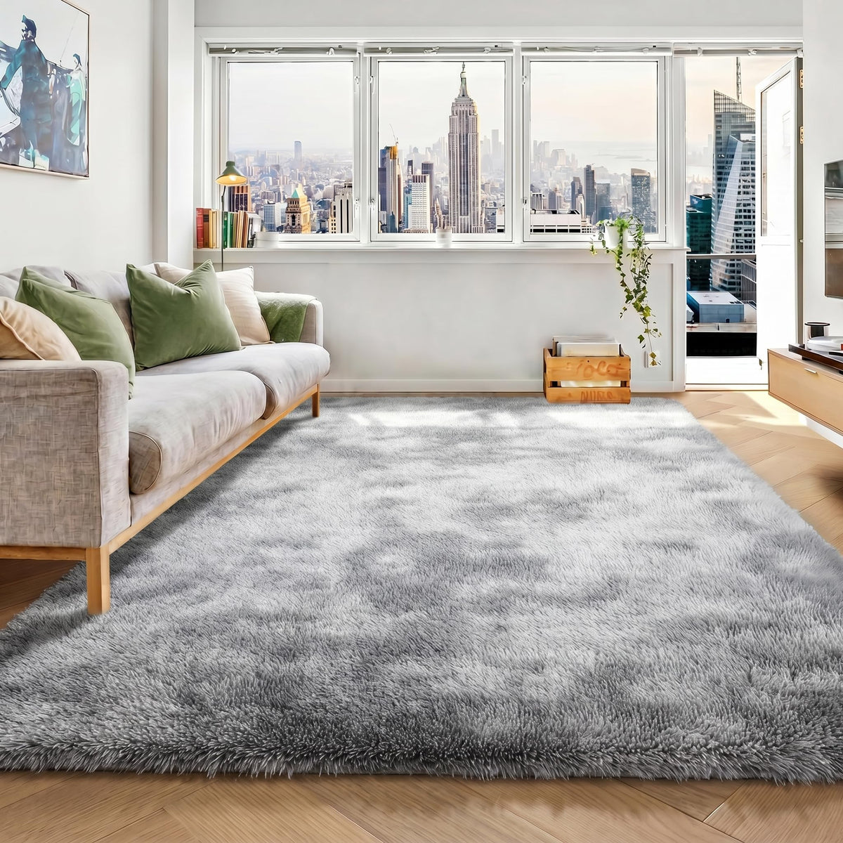 Area Rugs for Bedroom Living Room, 4x6 Fluffy Grey and Black Geometric Rug