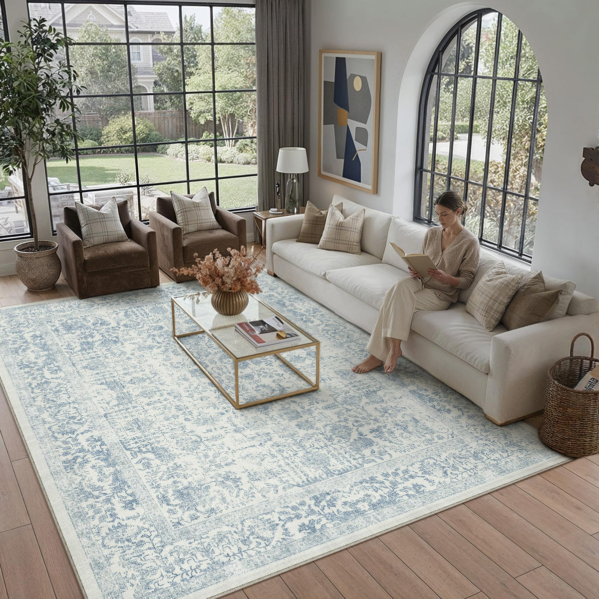 PureCozy Beige Area Rug 5x7 Vintage Farmhouse Floral