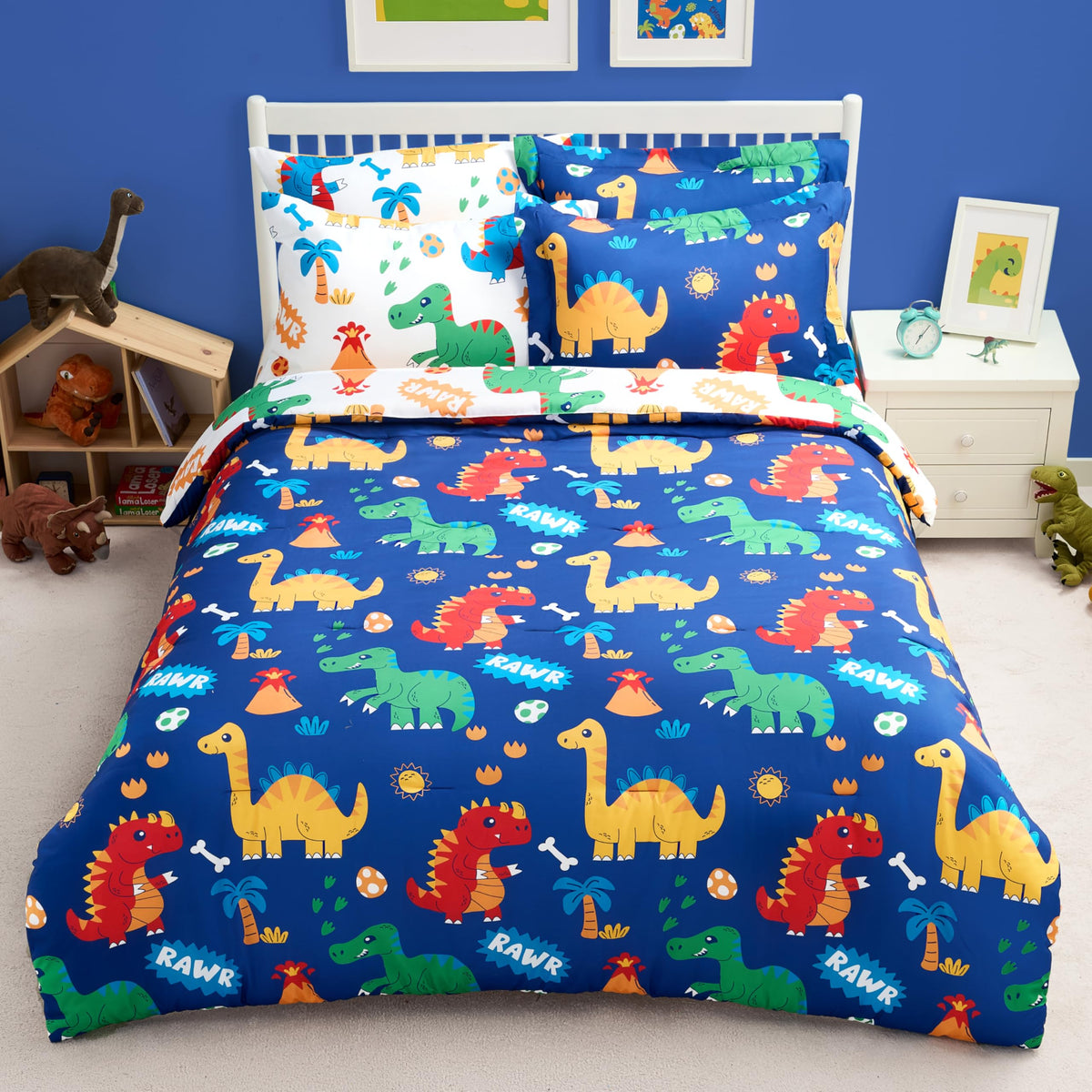 Joiedomi Kids Comforter Set Bedding Set for Boys Girls Super Soft Microfiber Bed in a Bag with Comforter Sheets Pillowcase Sham, Dark Blue Dinosaur, Twin