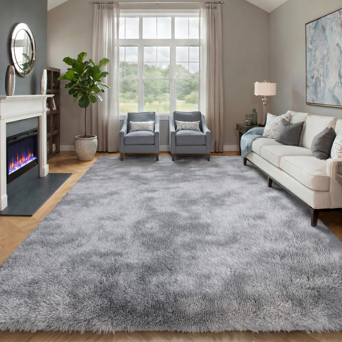 Area Rugs for Bedroom Living Room, 4x6 Fluffy Grey and Black Geometric Rug