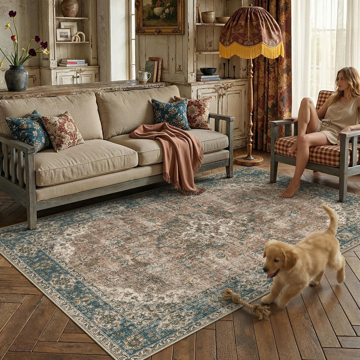 HUGEAR 2x6 Brown Vintage Floral Washable Runner Rug for Hallway