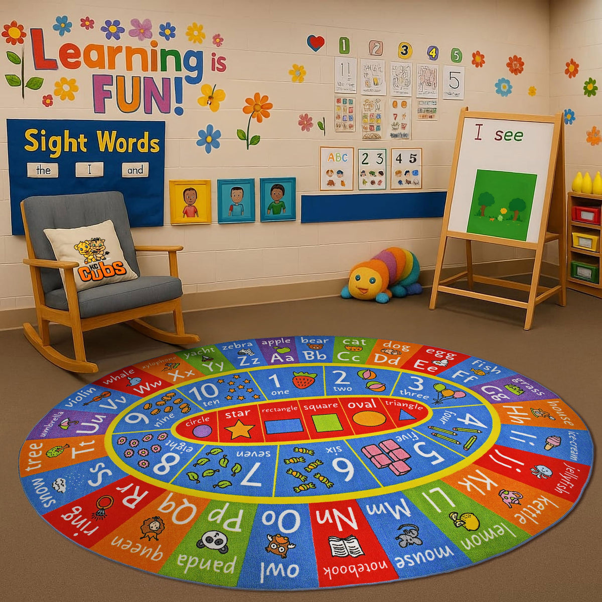 KC Cubs 5x7 ABC Alphabet, Numbers & Shapes Rug – Educational Non-Slip Play Mat Carpet for Kids, Toddlers, Nursery, Classroom, Playroom, Baby Daycare