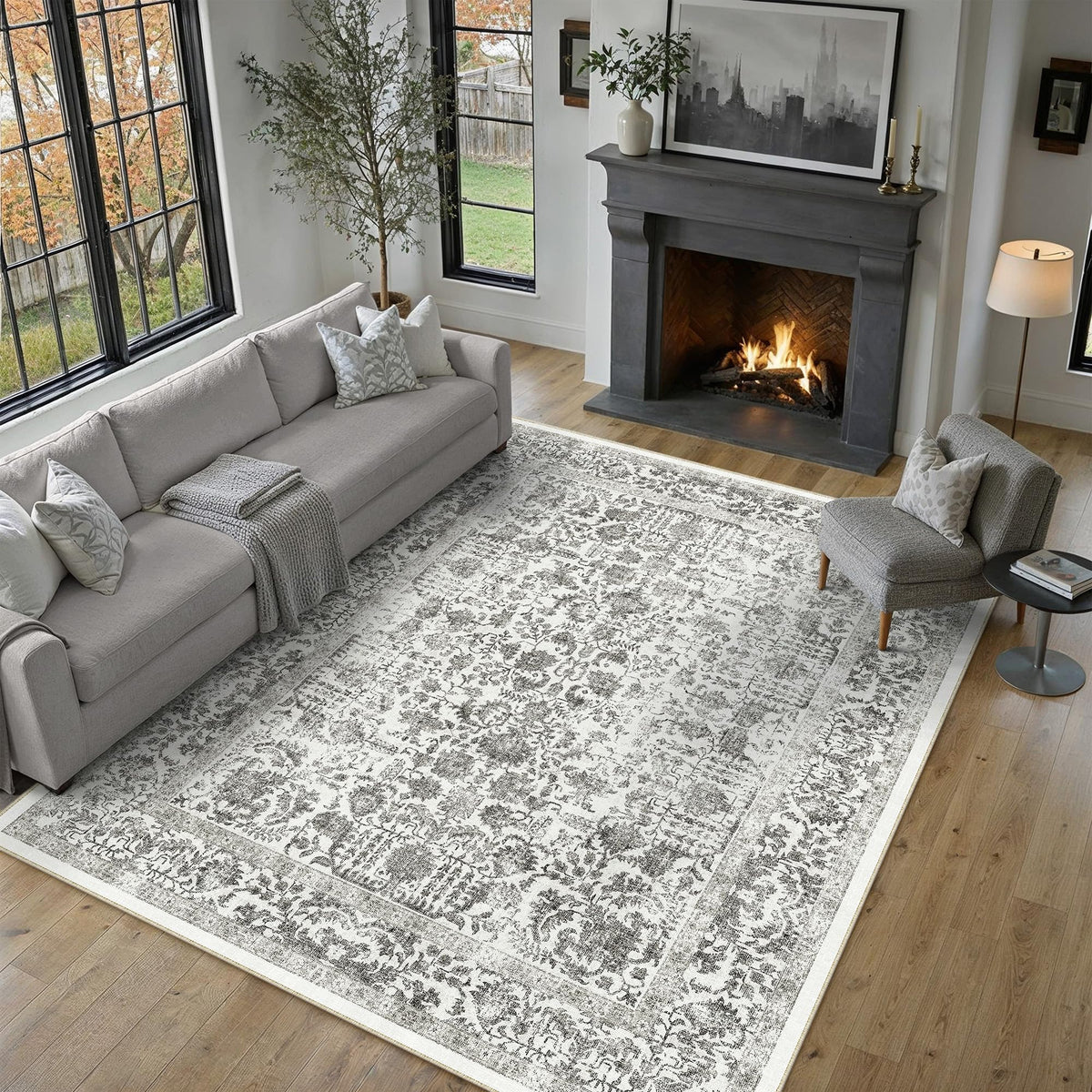 PureCozy Beige Area Rug 5x7 Vintage Farmhouse Floral