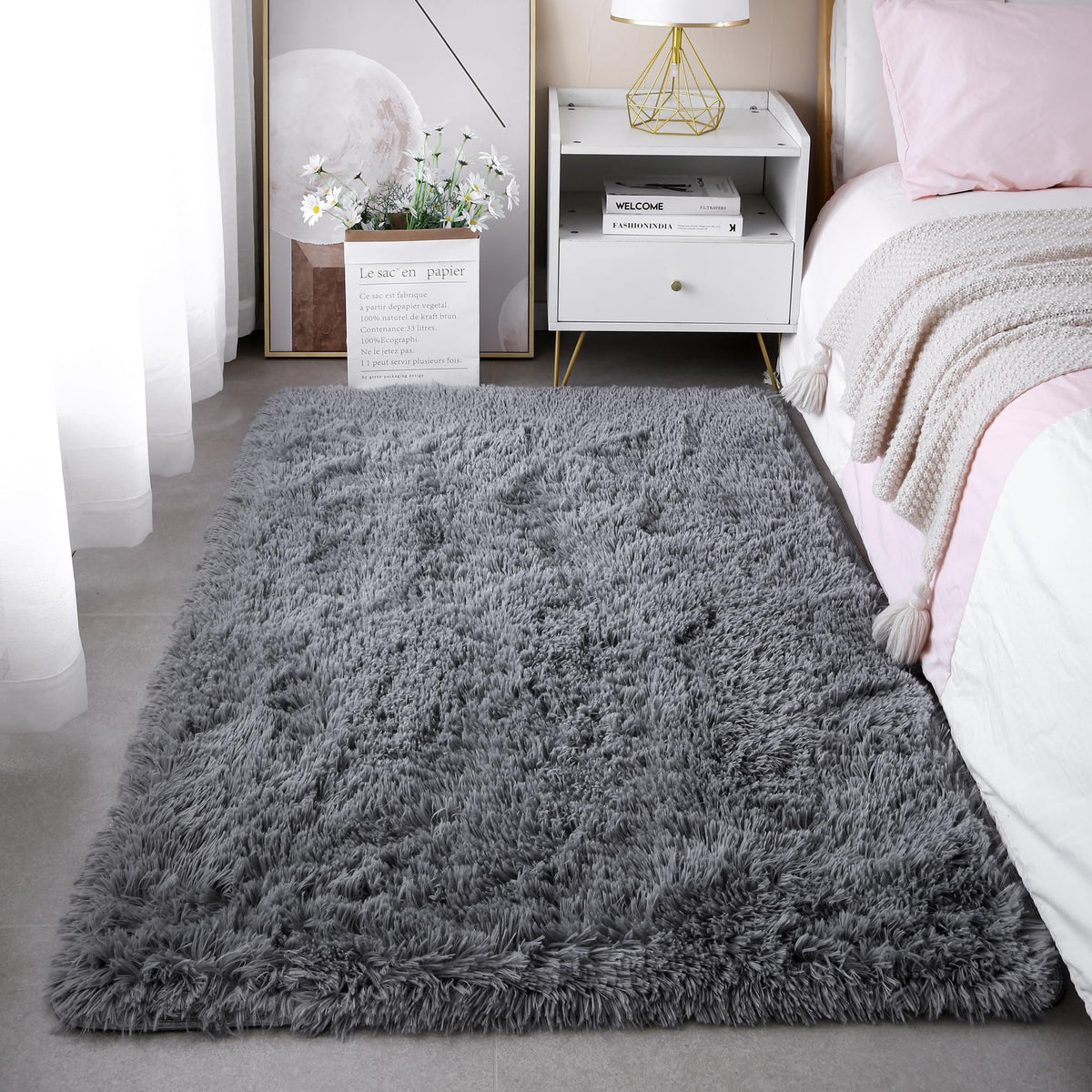4x6 Light Grey Fluffy Shag Rug for Bedroom, Plush Washable Carpet