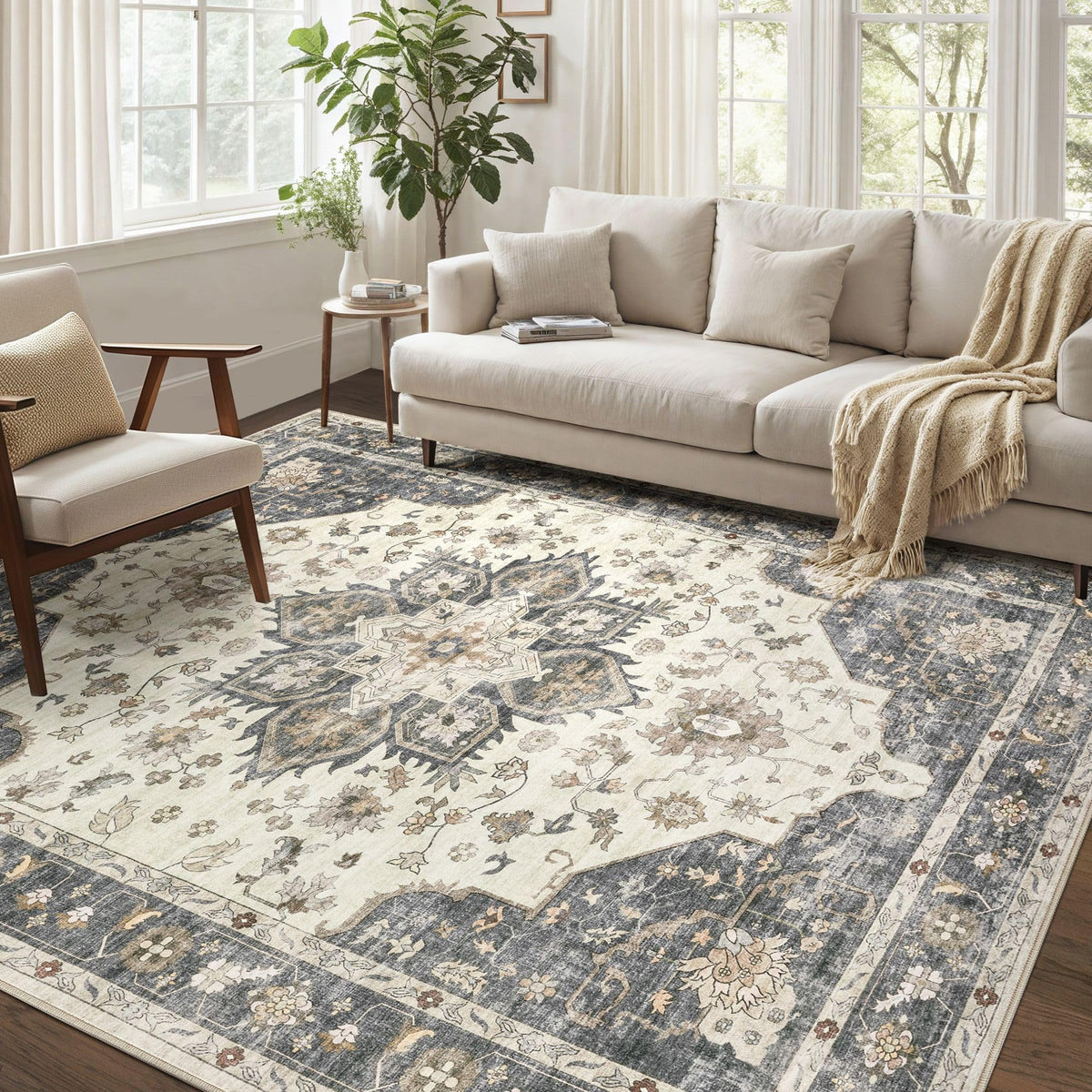 Vintage 9x12 Washable Area Rugs for Living Room, Non Slip, Brown