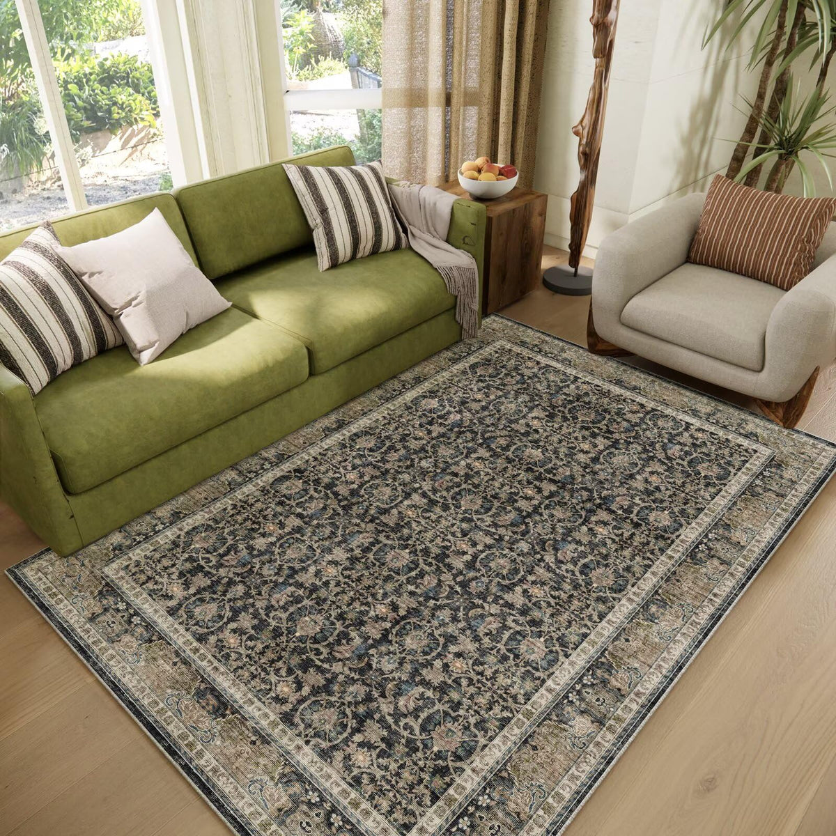 Washable 10x14 Area Rugs for Living Room, Ivory/Sage Gold