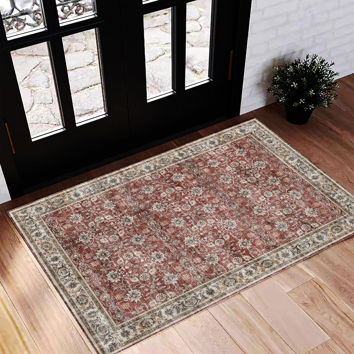 CHAMPLANT Area Rug 4x6 Washable Rug Gray Vintage Traditional Floor Cover Foldable Thin Retro Accent Indoor Distressed Non Slip Carpet Floral Print Mat Bedroom Living Room Bathroom