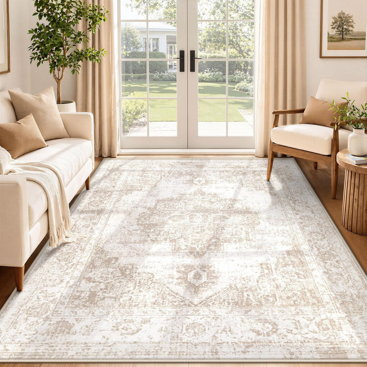 Area Rug 5x7 Vintage Rug: Washable Indoor Medallion Rugs Low Pile Distressed Floor Carpet Retro Accent Rug for Living Room Bedroom Kitchen Dining Table Home Office(Beige, 5'x7')