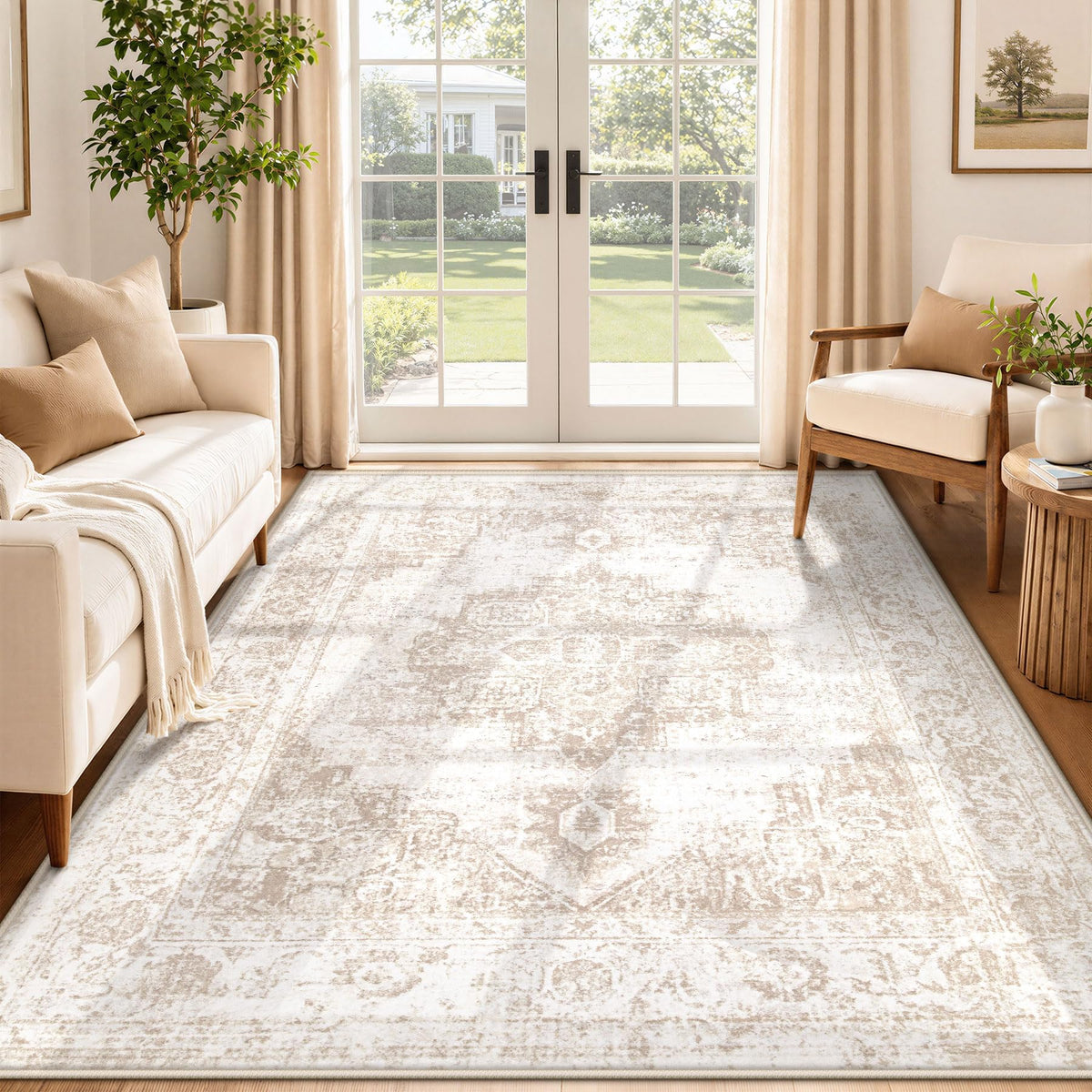 Area Rug 5x7 Vintage Rug: Washable Indoor Medallion Rugs Low Pile Distressed Floor Carpet Retro Accent Rug for Living Room Bedroom Kitchen Dining Table Home Office(Beige, 5'x7')