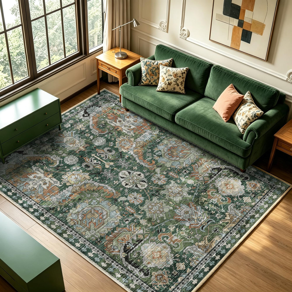 RUGSURE Washable Area Rug - 1/6 Thick - Stain & Water Resistant Non-Slip - Resistant Rug for Living Room, Bedroom, Nursery, Pet & Child Friendly, Vintage Charm Area Rugs (Grey+LightTeal, 3' x 5 ')