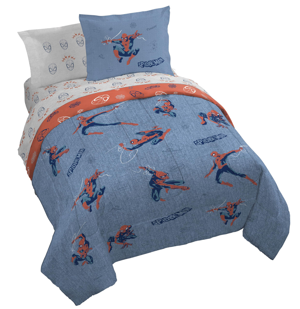 Marvel Spiderman Full Comforter Set 7 Piece Bedding for Boys, Blue