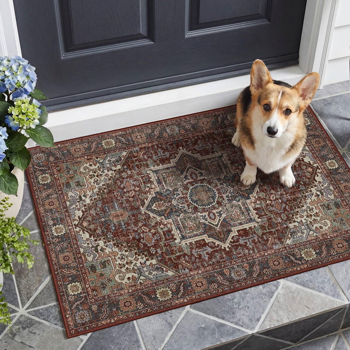 Kokia 9x12 Washable Area Rugs Maroon with Vintage Orient Design, Soft Rug for Living Room or Bedroom, Non-Slip Low Pile Stain Resistance Features, Distressed Medallion Pattern
