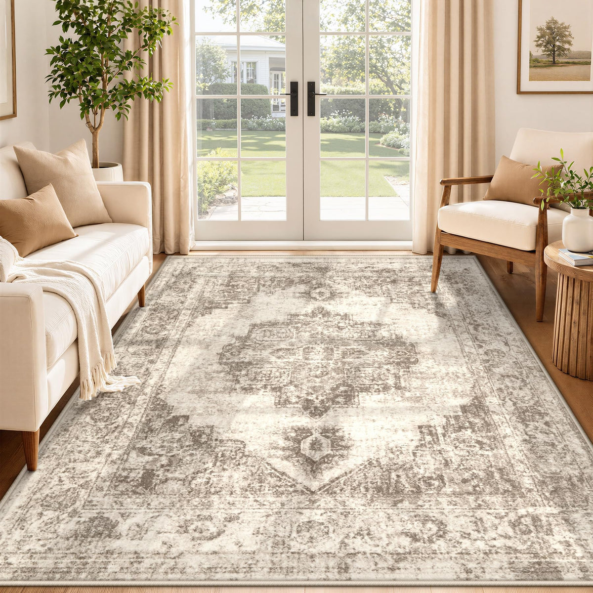 Area Rug 5x7 Vintage Rug: Washable Indoor Medallion Rugs Low Pile Distressed Floor Carpet Retro Accent Rug for Living Room Bedroom Kitchen Dining Table Home Office(Beige, 5'x7')