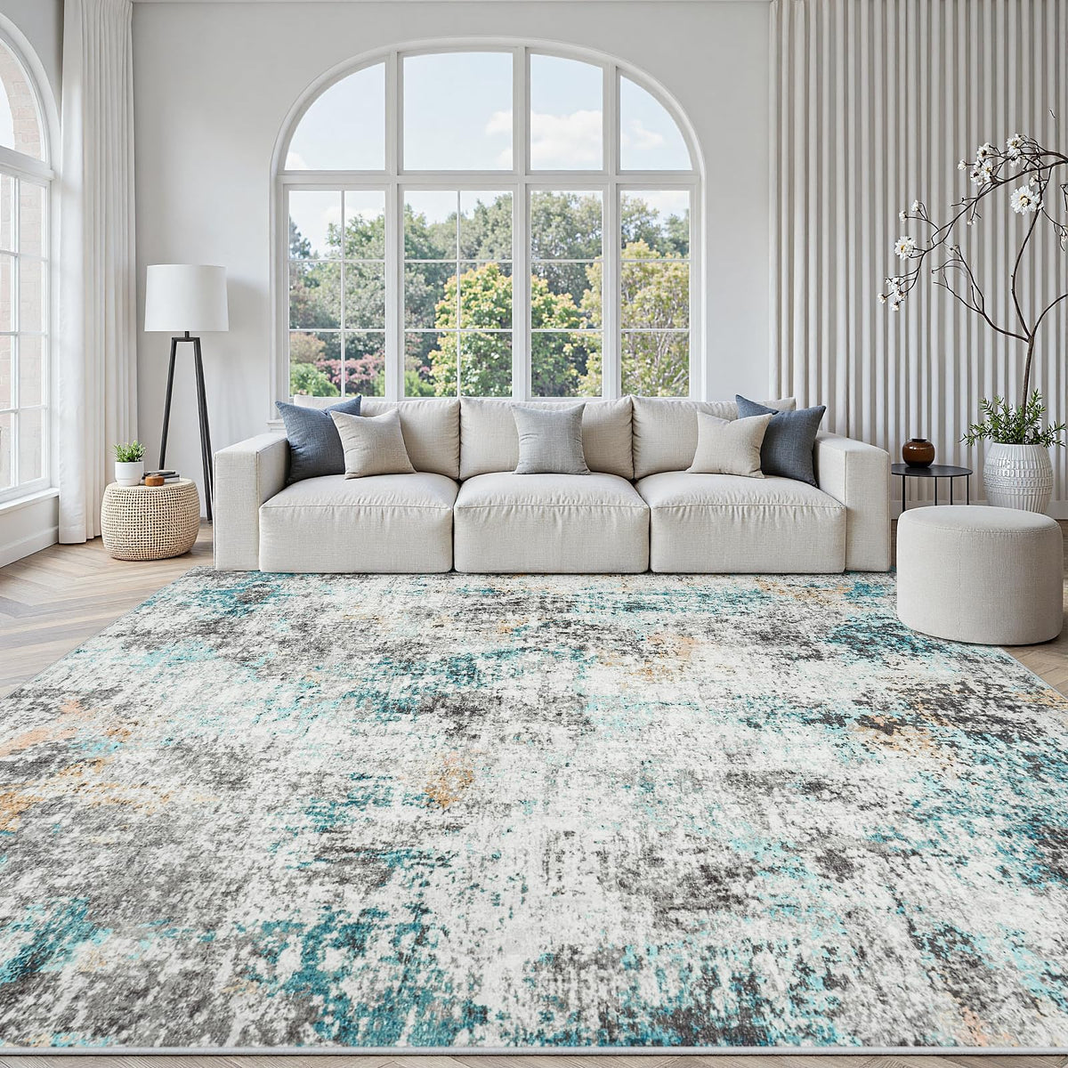 5x7 Area Rugs for Living Room Large Washable Abstract Rug White Gray Blue
