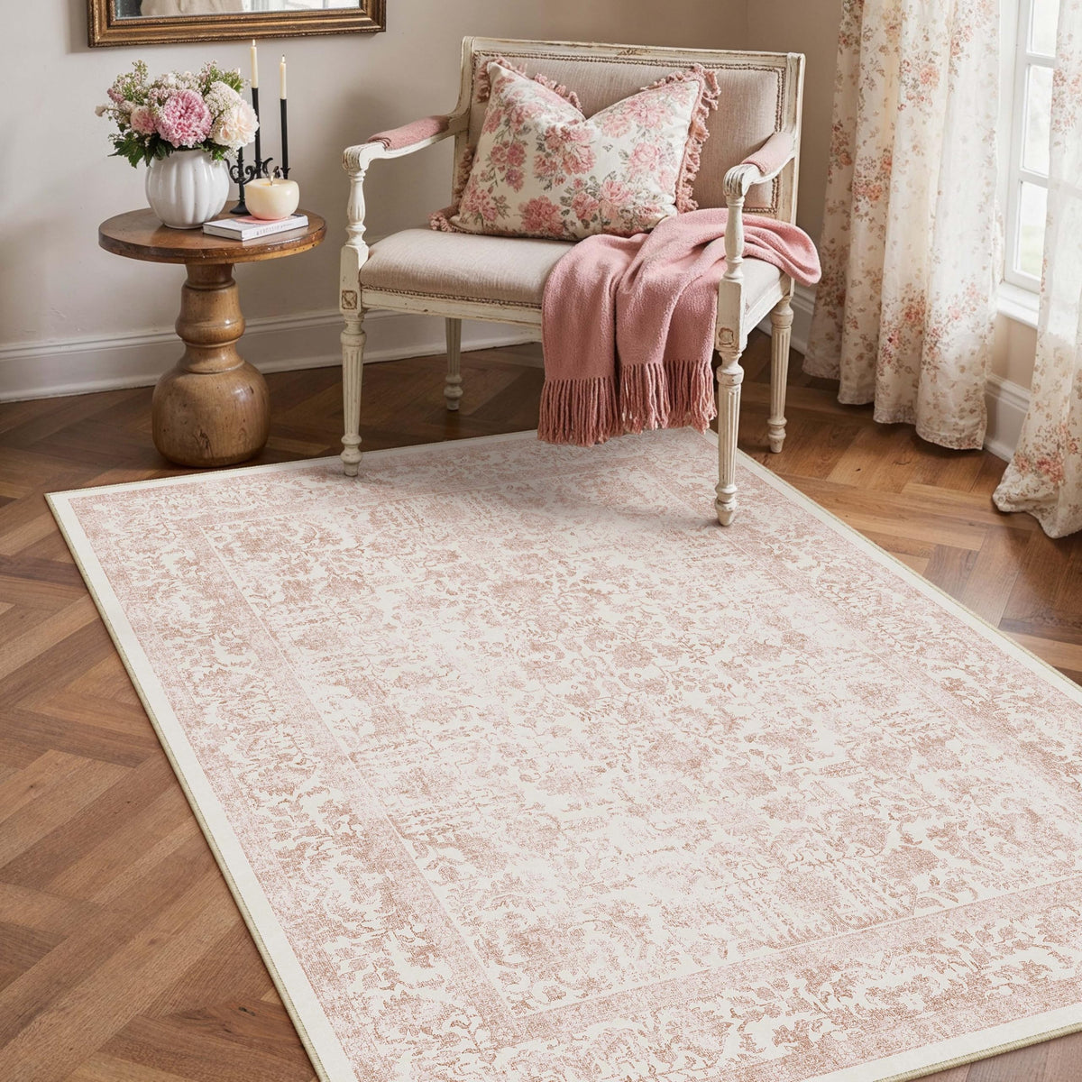 PureCozy Beige Area Rug 5x7 Vintage Farmhouse Floral