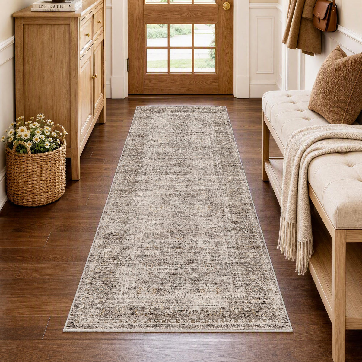 FMFUNCTEX 5x7 Washable Beige Neutral Vintage Retro Area Rug for Living Room