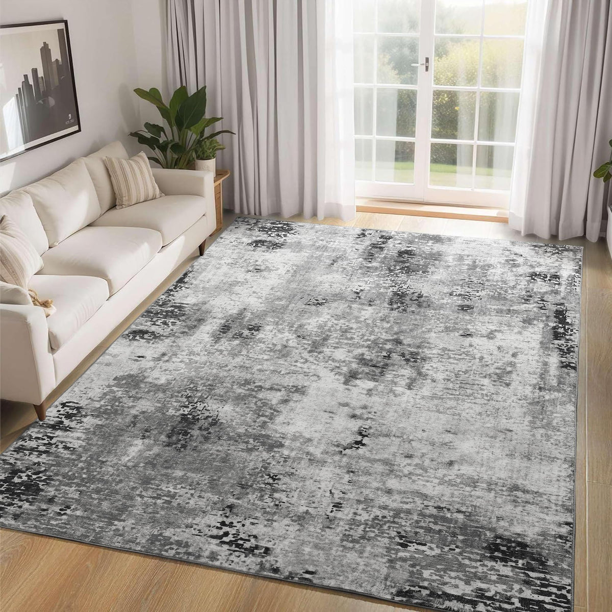 Living Room Rug 5x7 Gray Area Rug Machine Washable Boho Rug Non Slip Abstract Vintage Indoor Large Rugs for Bedroom, Classroom, College Dorm, Farmhouse, Dining Room, Kids Playroom