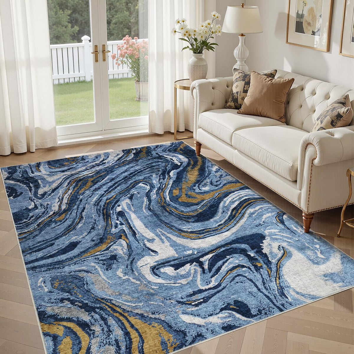 DMOYEST Area Rug Living Room Rugs 5x7 Washable Abstract Beige Blue Carpet