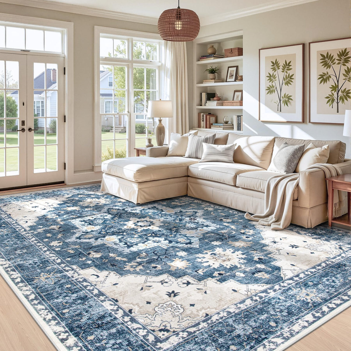 Area Rug 5x7 Vintage Rug: Washable Indoor Medallion Rugs Low Pile Distressed Floor Carpet Retro Accent Rug for Living Room Bedroom Kitchen Dining Table Home Office(Beige, 5'x7')