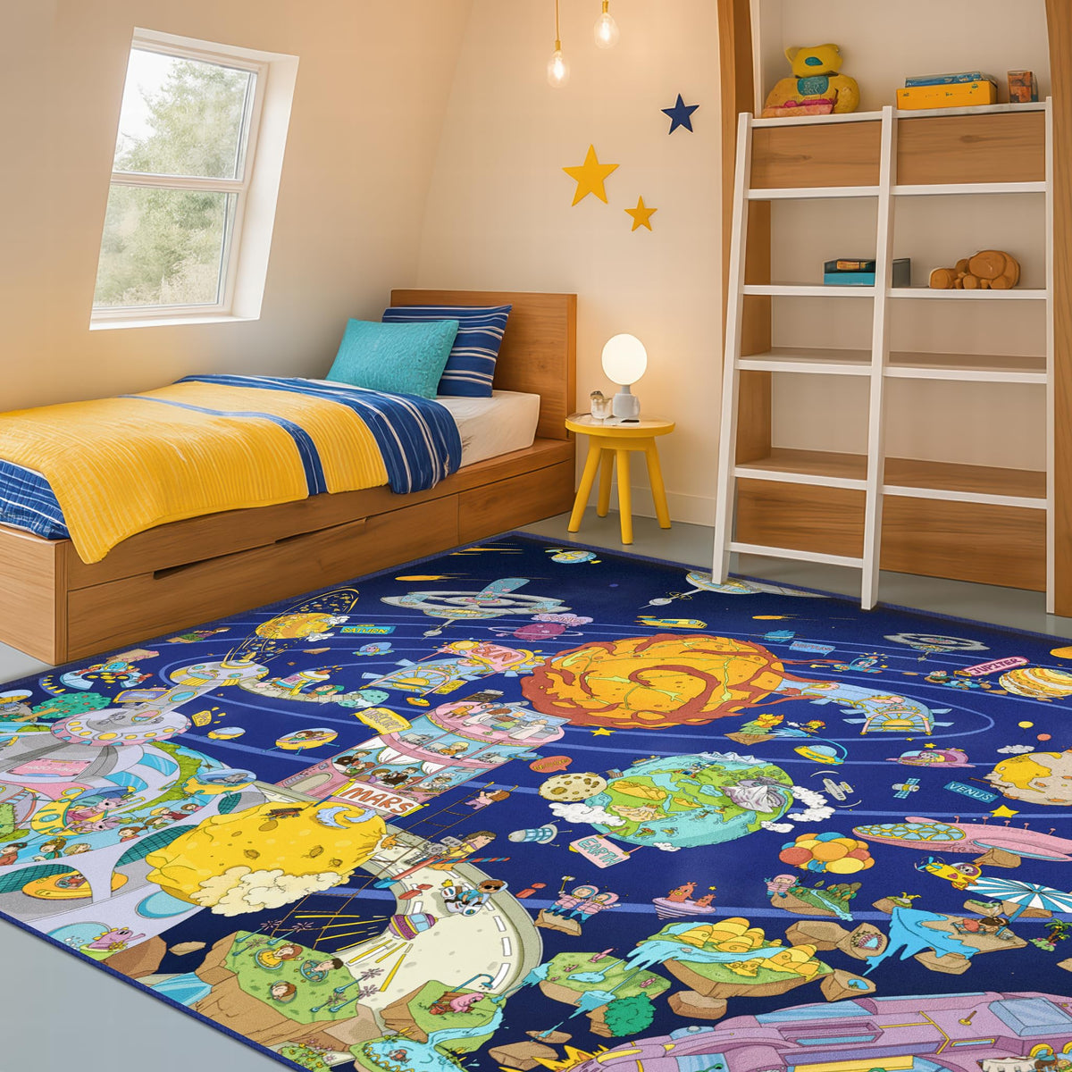 Hazo Haus Washable Kids Playroom Rug – 5x7 Play Rug for Preschool Toddlers, Girls, Educational with Cute Animals – Non-Slip, Stain Resistant, Soft & Safe for Bedroom, Play Room and Classroom - Blue