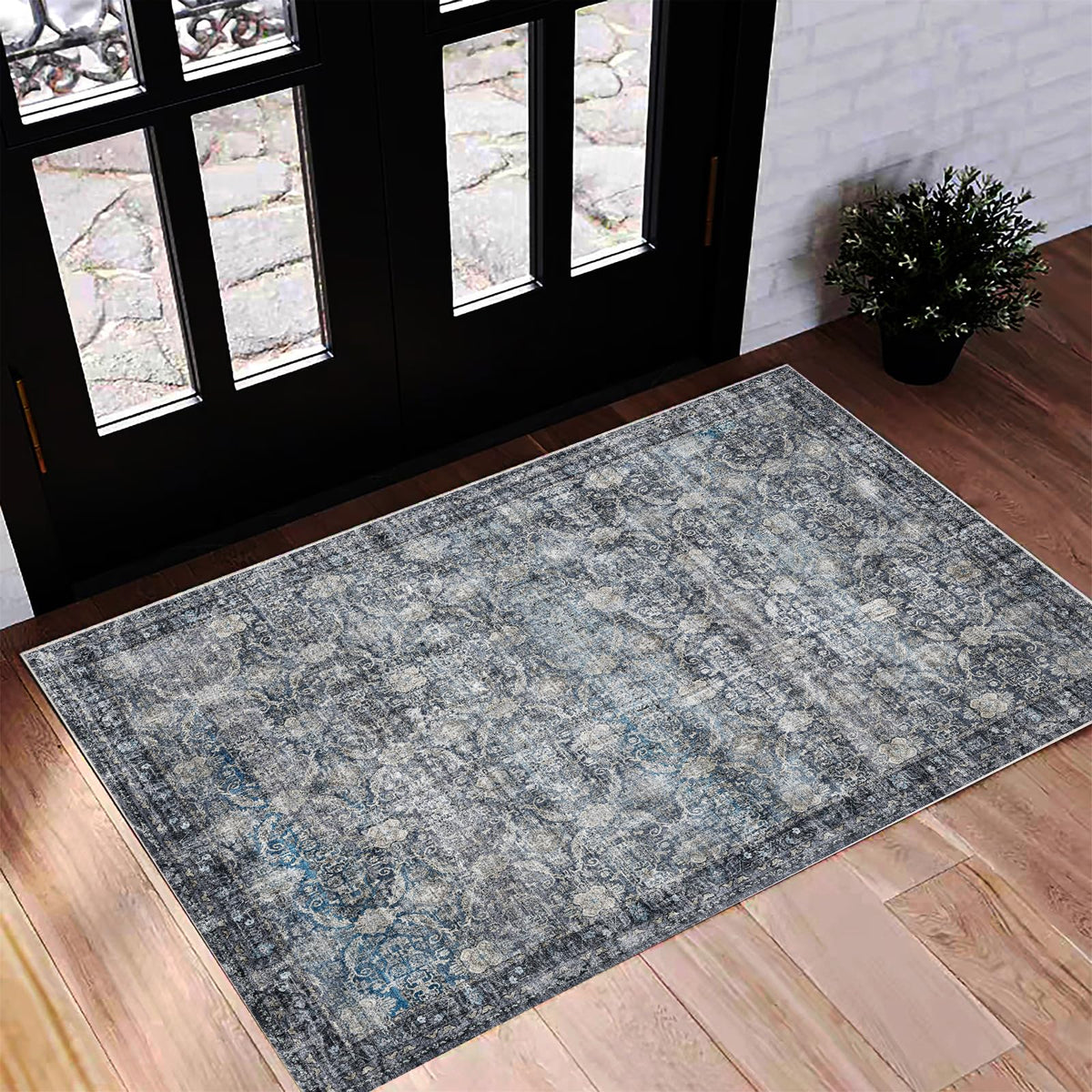 CHAMPLANT Area Rug 4x6 Washable Rug Gray Vintage Traditional Floor Cover Foldable Thin Retro Accent Indoor Distressed Non Slip Carpet Floral Print Mat Bedroom Living Room Bathroom