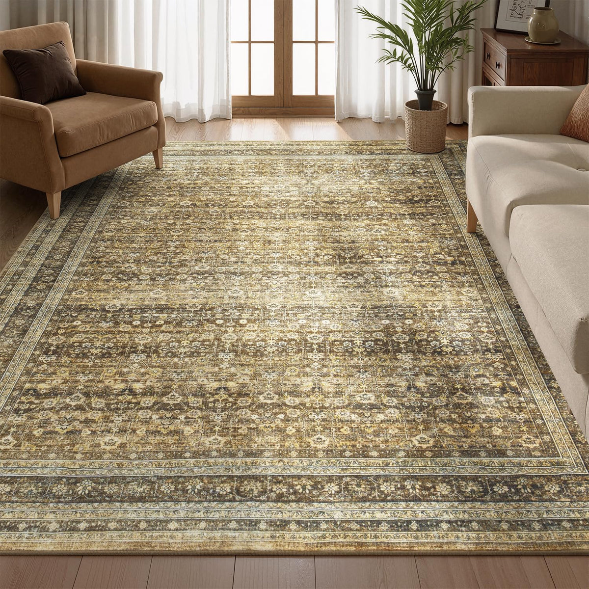 Sage Green 8x10 Area Rug for Living Room, Vintage Boho Large Carpet