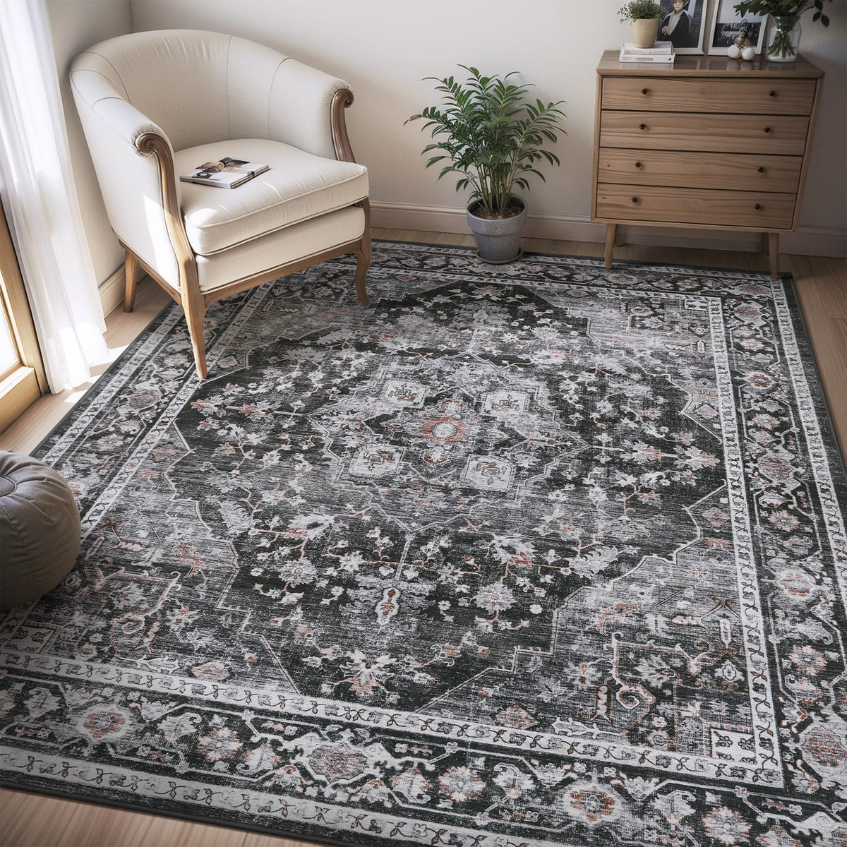 AMOAMI-Area Rug 5X7 Rugs for Living Room-Vintage Soft Beige Rugs for Bedroom-Non Slip Carpet-Machine Washable Rug for Dining Room Living Room Bedroom Office Under Table-Beige