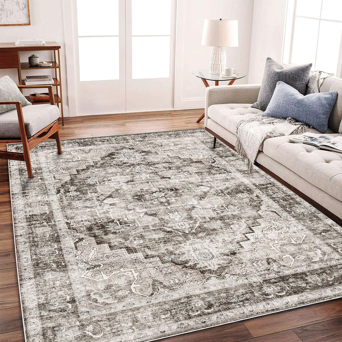 CHAMPLANT Area Rug 4x6 Washable Rug Gray Vintage Traditional Floor Cover Foldable Thin Retro Accent Indoor Distressed Non Slip Carpet Floral Print Mat Bedroom Living Room Bathroom