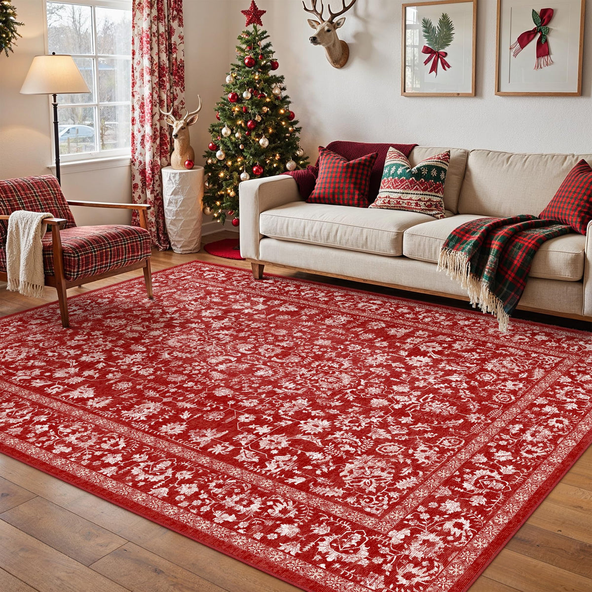 PureCozy Beige Area Rug 5x7 Vintage Farmhouse Floral