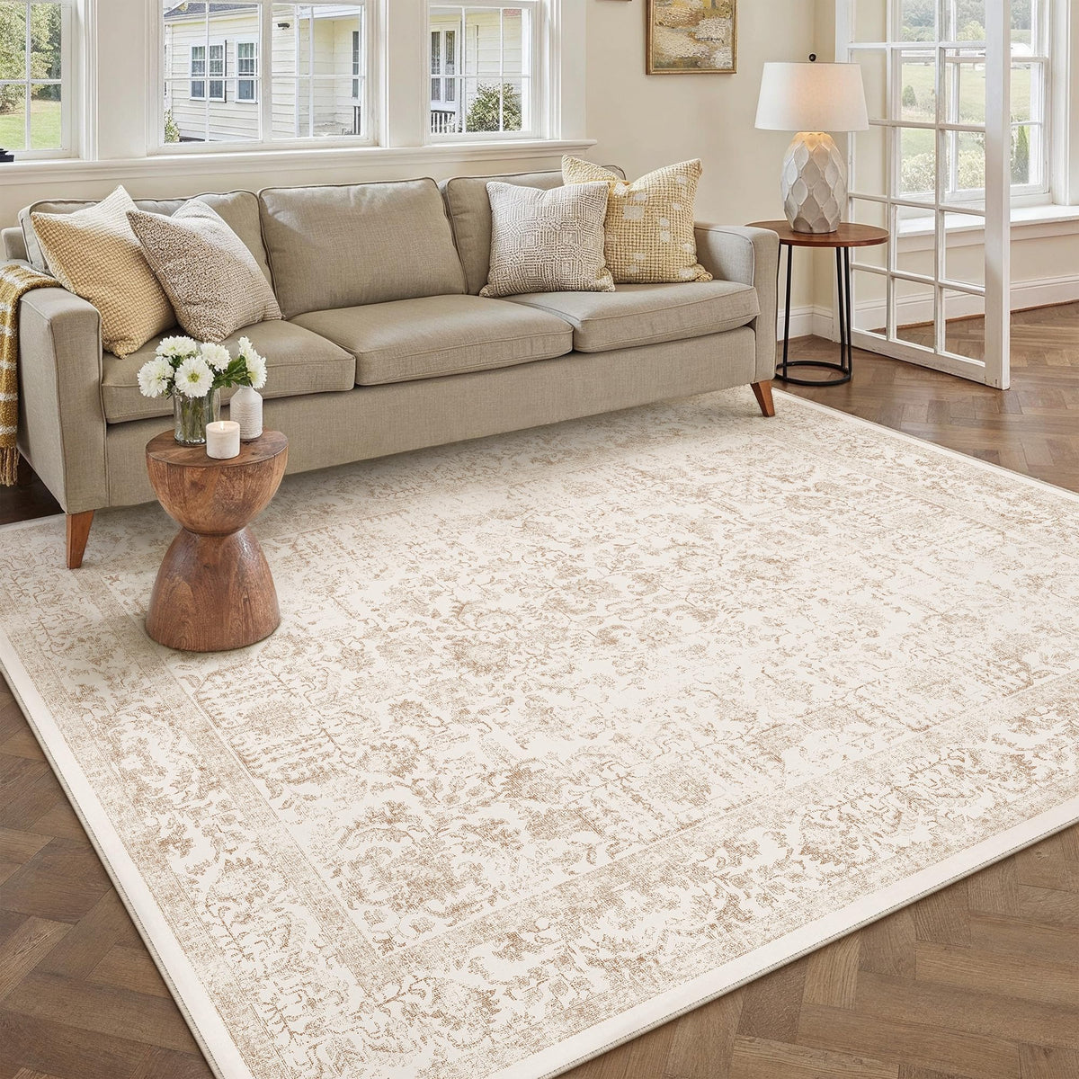 PureCozy Beige Area Rug 5x7 Vintage Farmhouse Floral