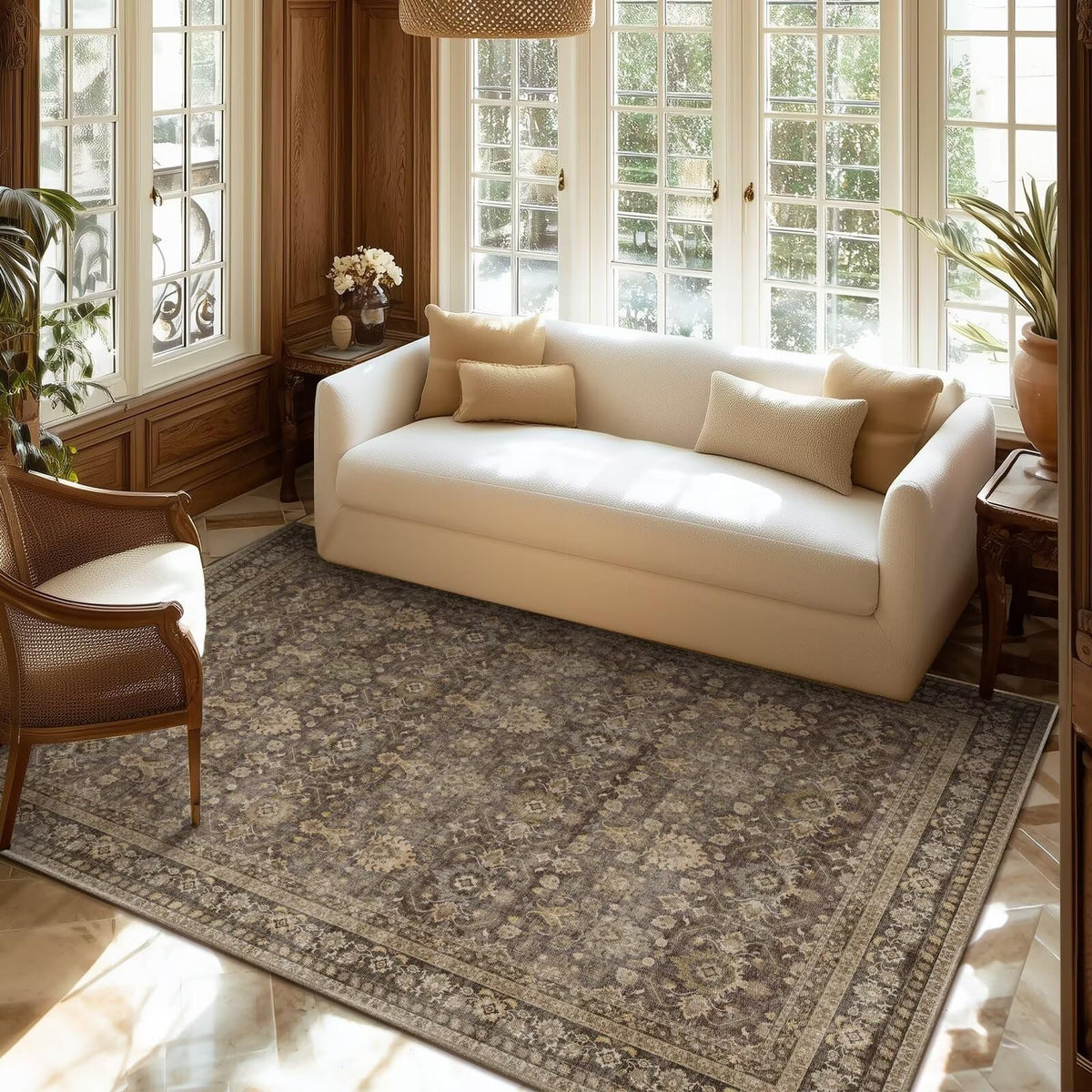 Washable 10x14 Area Rugs for Living Room, Ivory/Sage Gold