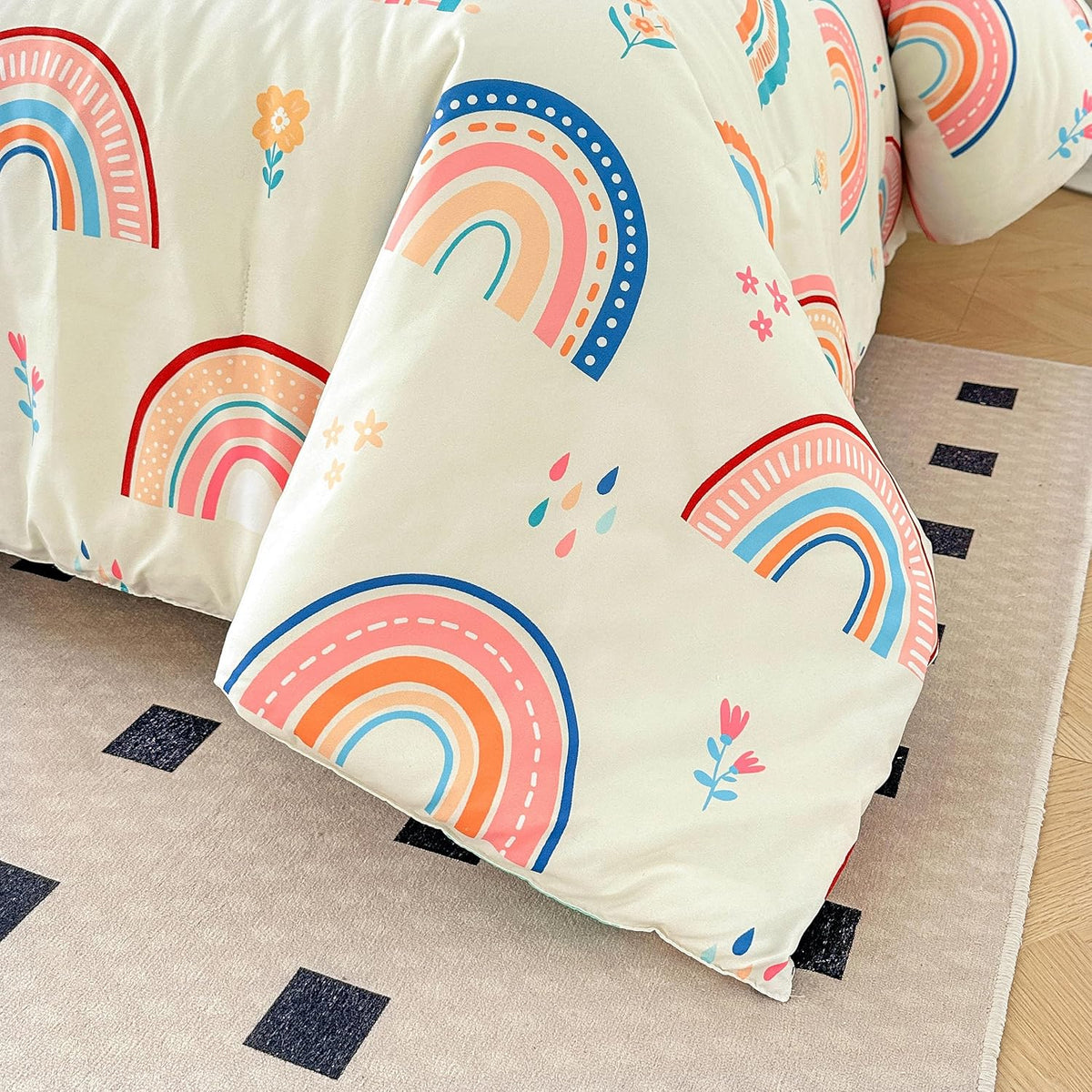 Btargot Lightweight Soft 3 Piece Rainbow Comforter Set with 2 Pillow Covers, Cartoon Love Hearts Flowers and Grass Bedding Set for Girls Boys Kids, Full Multi-Color