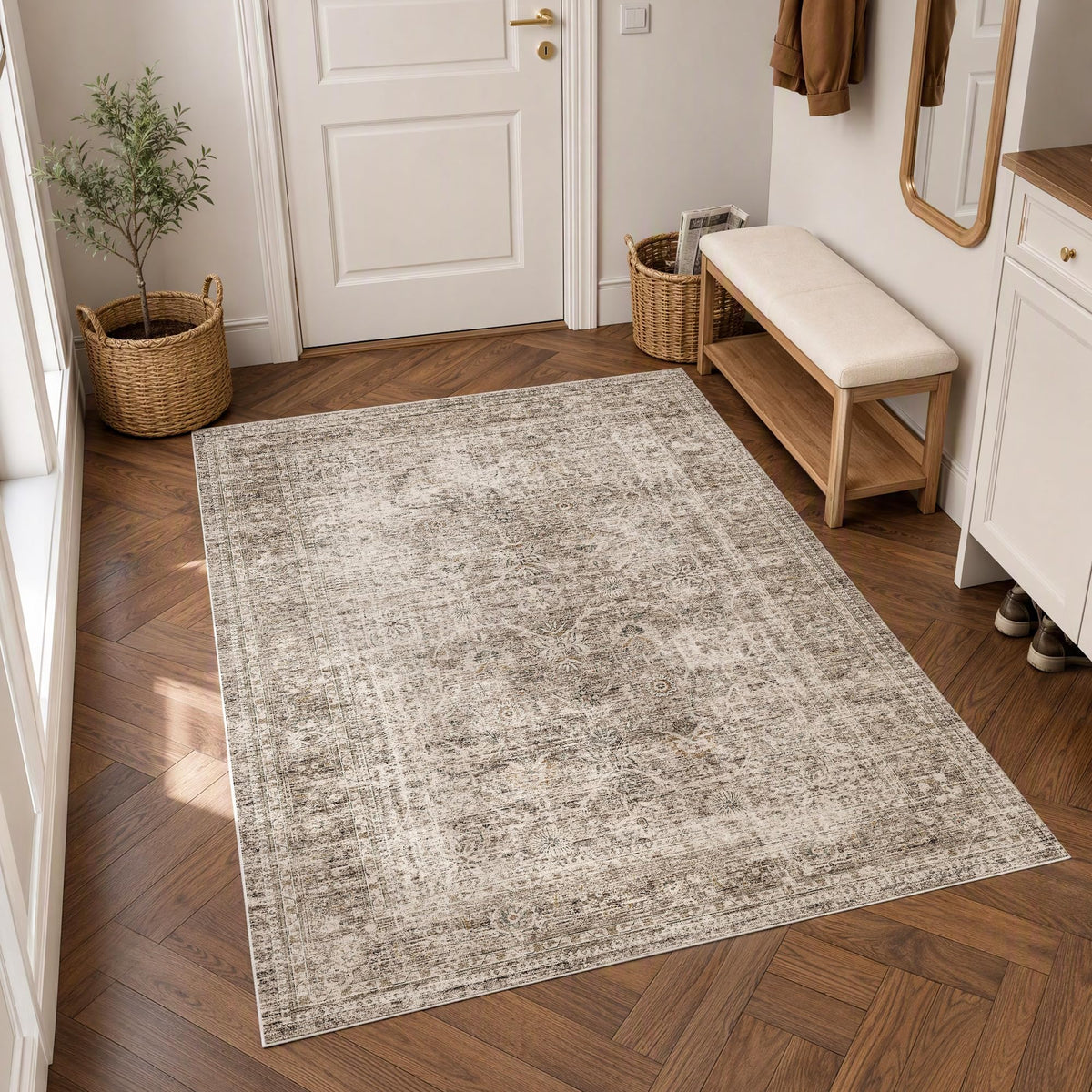 FMFUNCTEX 5x7 Washable Beige Neutral Vintage Retro Area Rug for Living Room