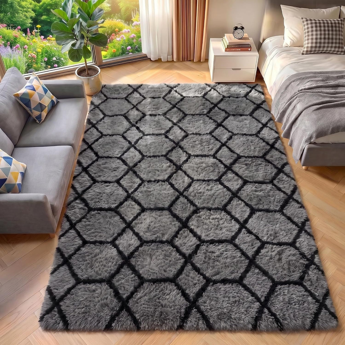 Area Rugs for Bedroom Living Room, 4x6 Fluffy Grey and Black Geometric Rug