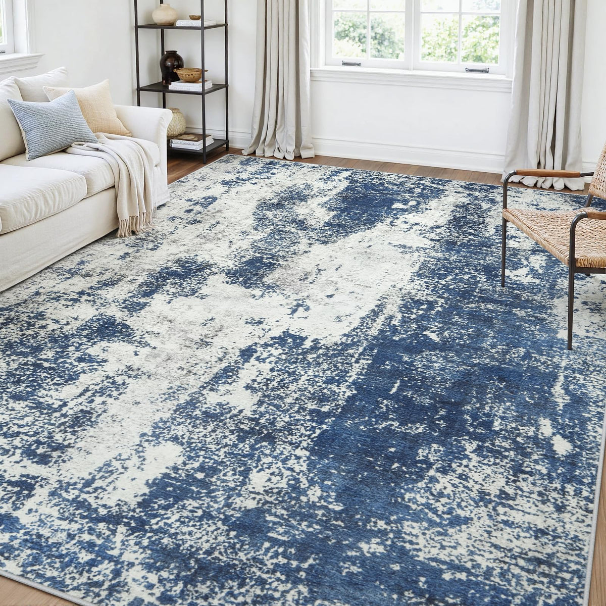 5x7 Area Rugs for Living Room Large Washable Abstract Rug White Gray Blue