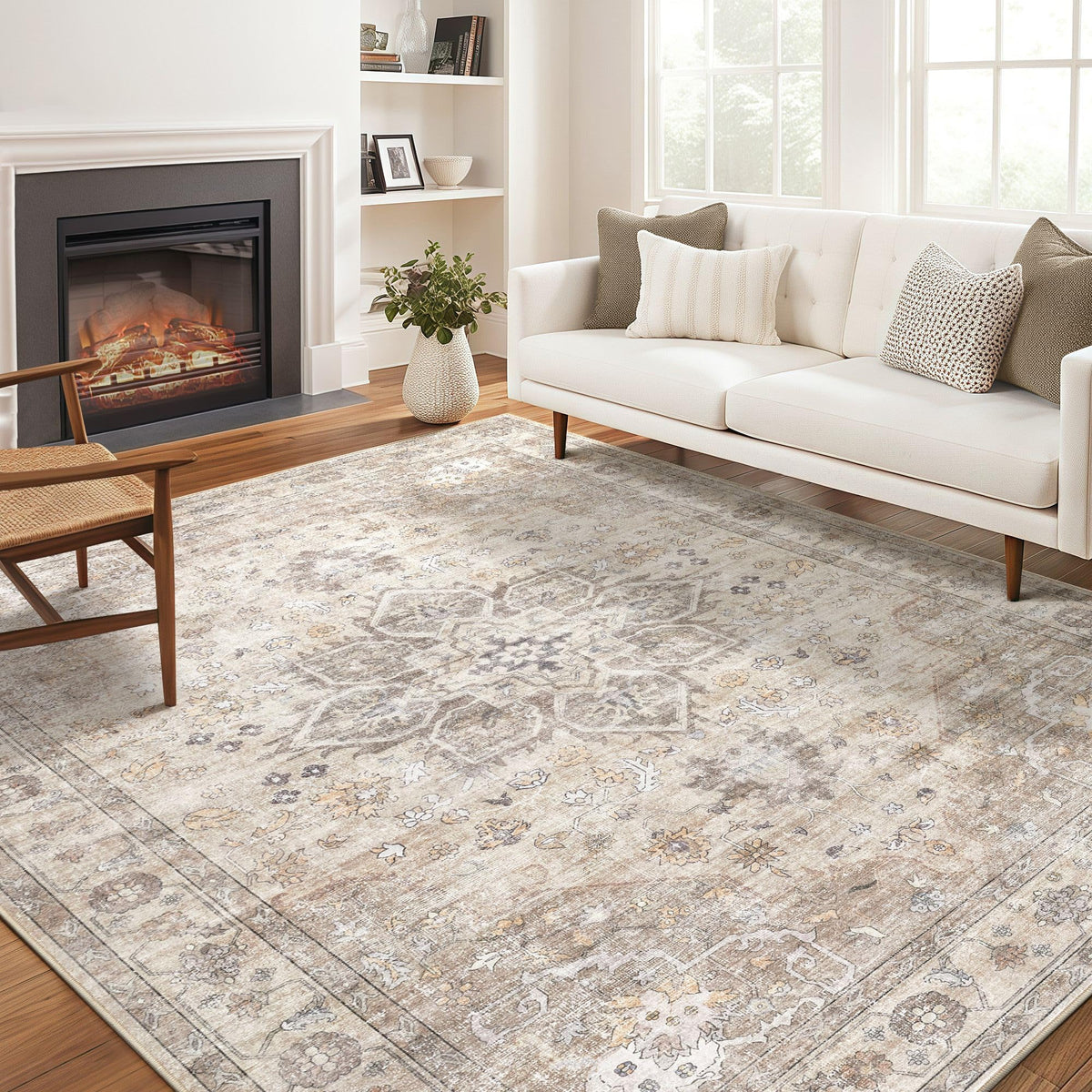 Vintage 9x12 Washable Area Rugs for Living Room, Non Slip, Brown