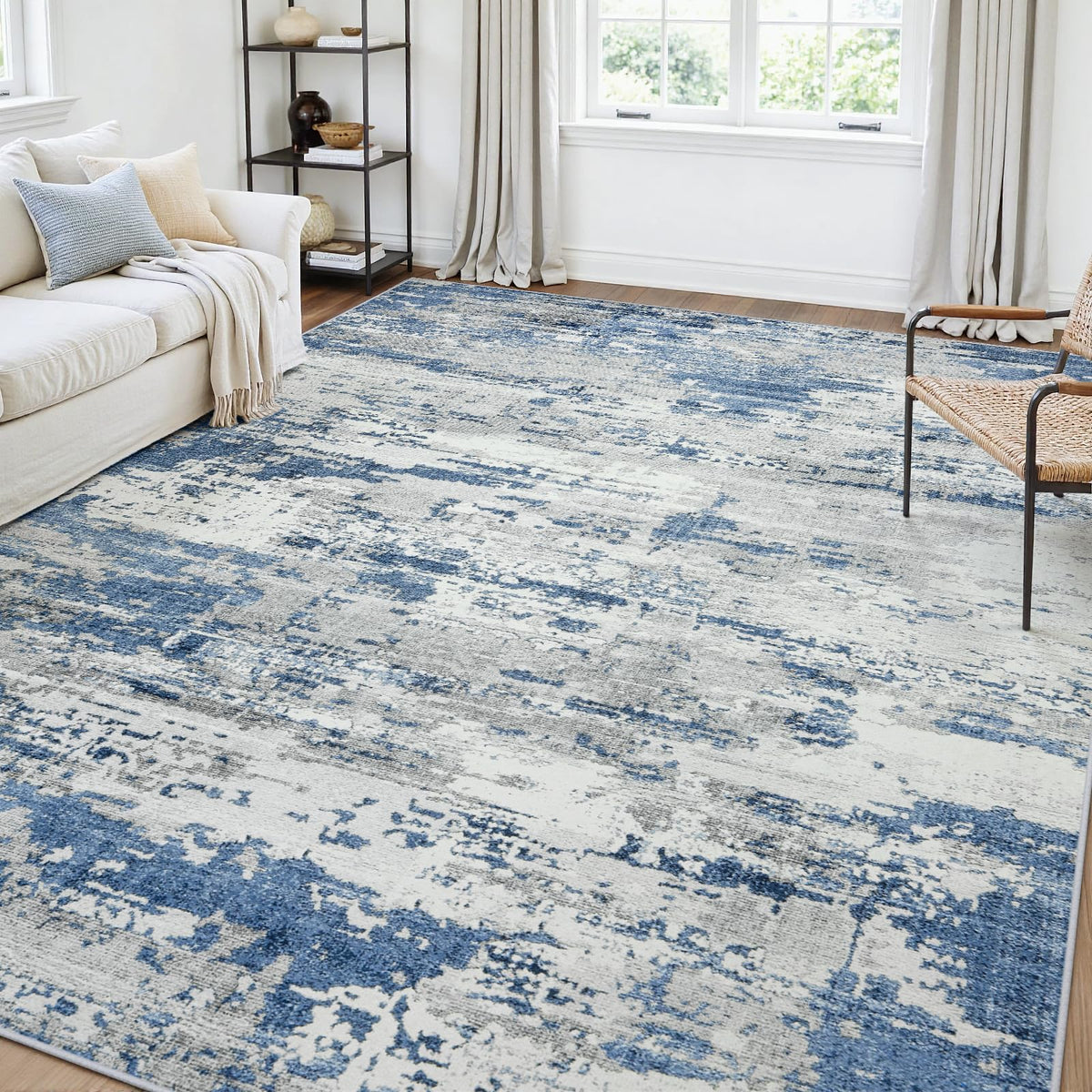 5x7 Area Rugs for Living Room Large Washable Abstract Rug White Gray Blue